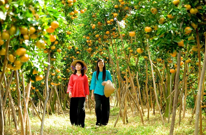 Khách tour du lịch cần thơ 1 ngày post hình trong áo bà ba ở vườn trái cây